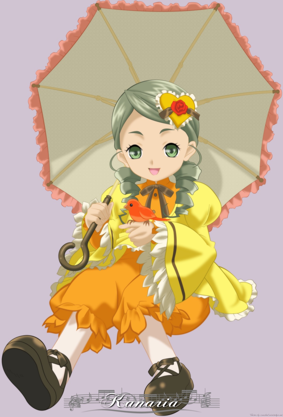 1girl black_umbrella bloomers drill_hair flower frills full_body green_eyes green_hair holding holding_umbrella image kanaria long_sleeves open_mouth parasol rain raincoat red_umbrella shared_umbrella smile solo transparent transparent_umbrella twin_drills umbrella