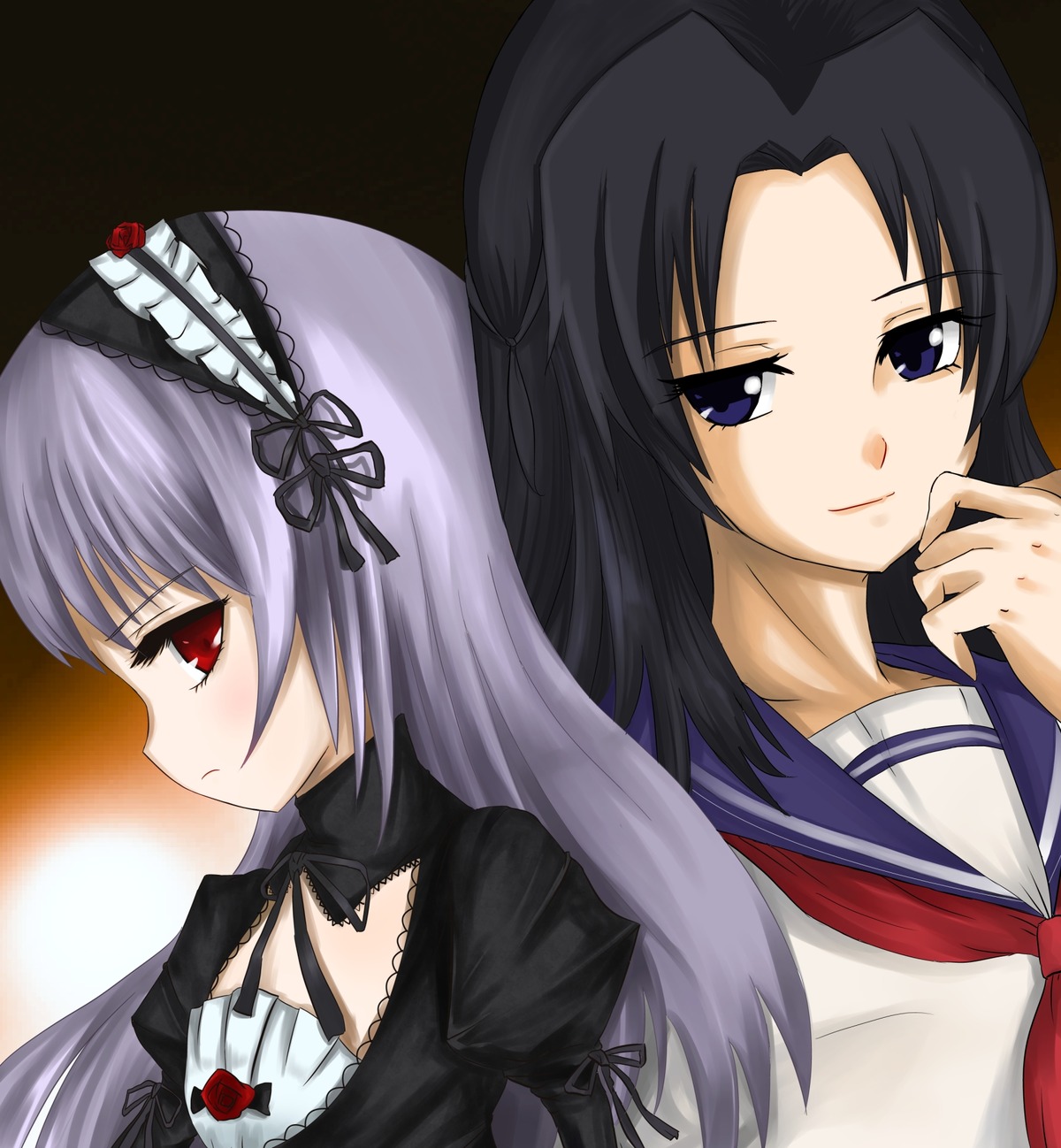 2girls black_hair hairband image kakizaki_megu long_hair long_sleeves multiple_girls red_eyes school_uniform serafuku silver_hair solo suigintou upper_body
