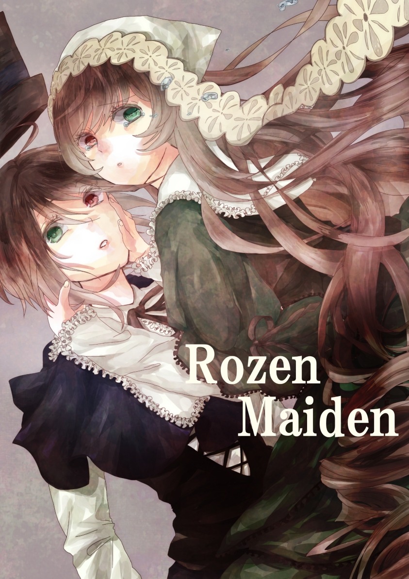2girls brown_hair copyright_name dress frills green_eyes head_scarf heterochromia image long_hair long_sleeves looking_at_viewer multiple_girls pair red_eyes ribbon short_hair siblings sisters souseiseki suiseiseki twins very_long_hair