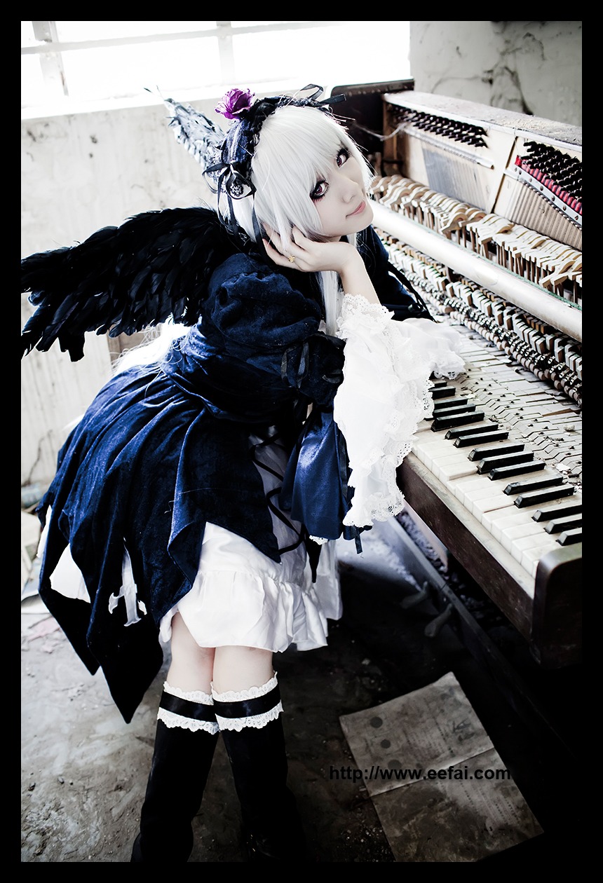1girl black_border black_legwear dress frills hairband instrument letterboxed pillarboxed sheet_music silver_hair solo suigintou thighhighs white_hair wings