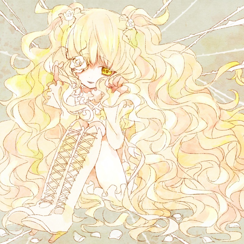 1girl blonde_hair boots cross-laced_footwear dress eyepatch flower frills gradient_hair hair_flower hair_ornament high_heel_boots high_heels image kirakishou knee_boots long_hair rose sitting solo thigh_boots very_long_hair wavy_hair white_footwear yellow_eyes