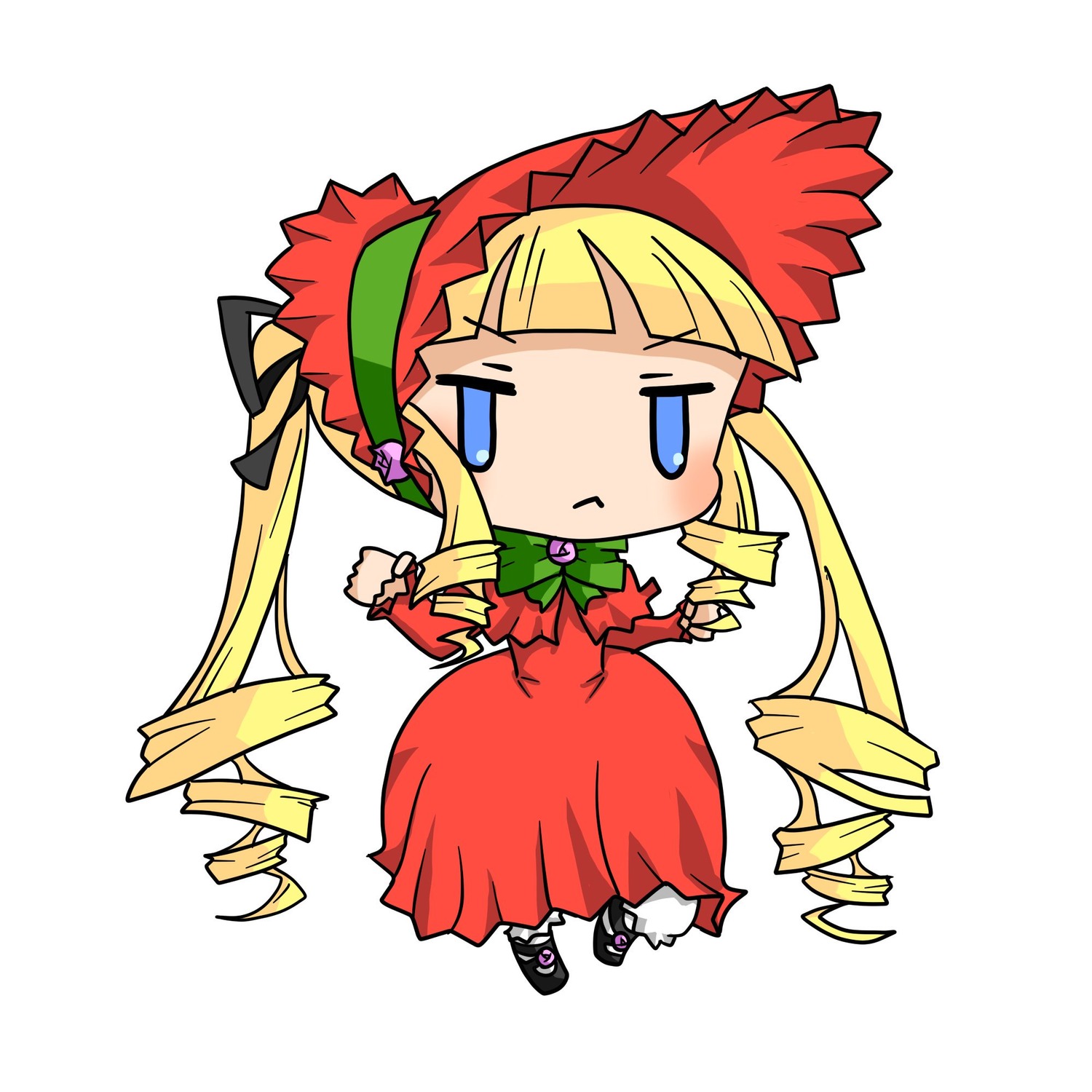 1girl :< bangs blonde_hair blue_eyes blush_stickers bonnet bow bowtie chibi dress drill_hair flower full_body hat image jitome long_hair long_sleeves shinku simple_background solo white_background