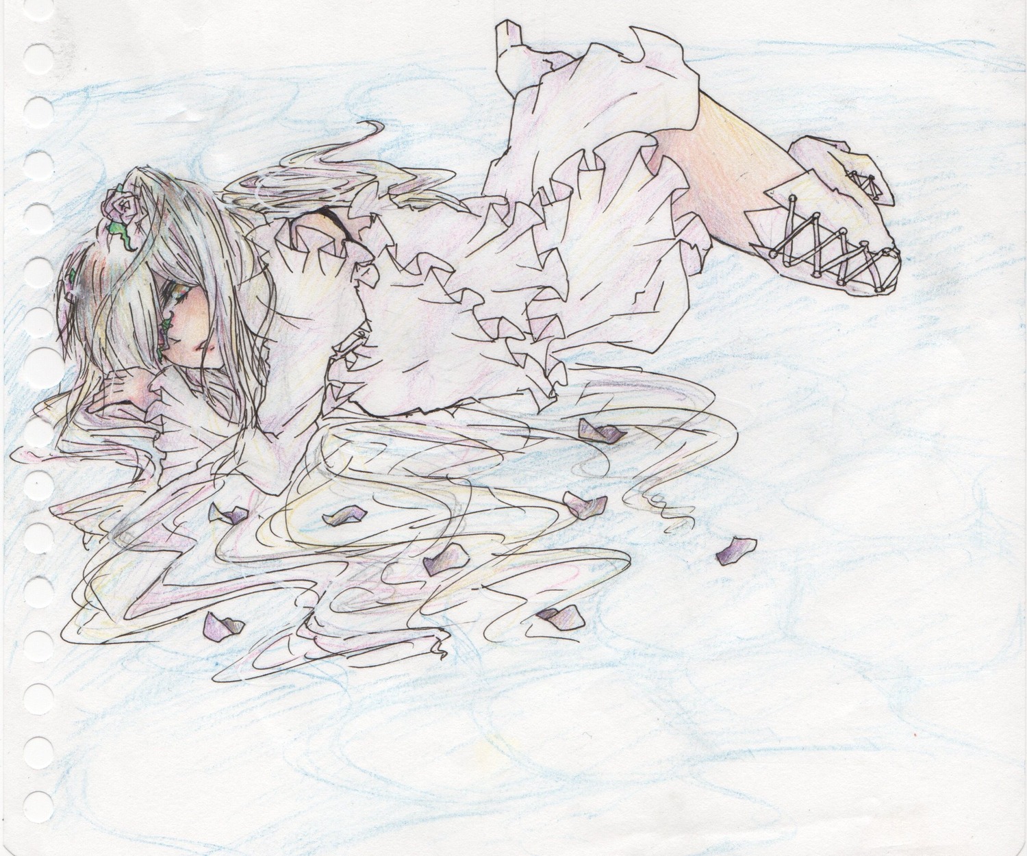 1girl boots green_eyes image kirakishou long_hair lying on_side skirt solo traditional_media