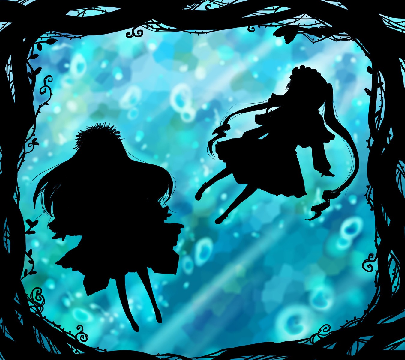 2girls air_bubble barefoot black_dress blue_theme border bubble dress holding_hands image long_hair monochrome multiple_girls pair shinku silhouette suigintou underwater very_long_hair