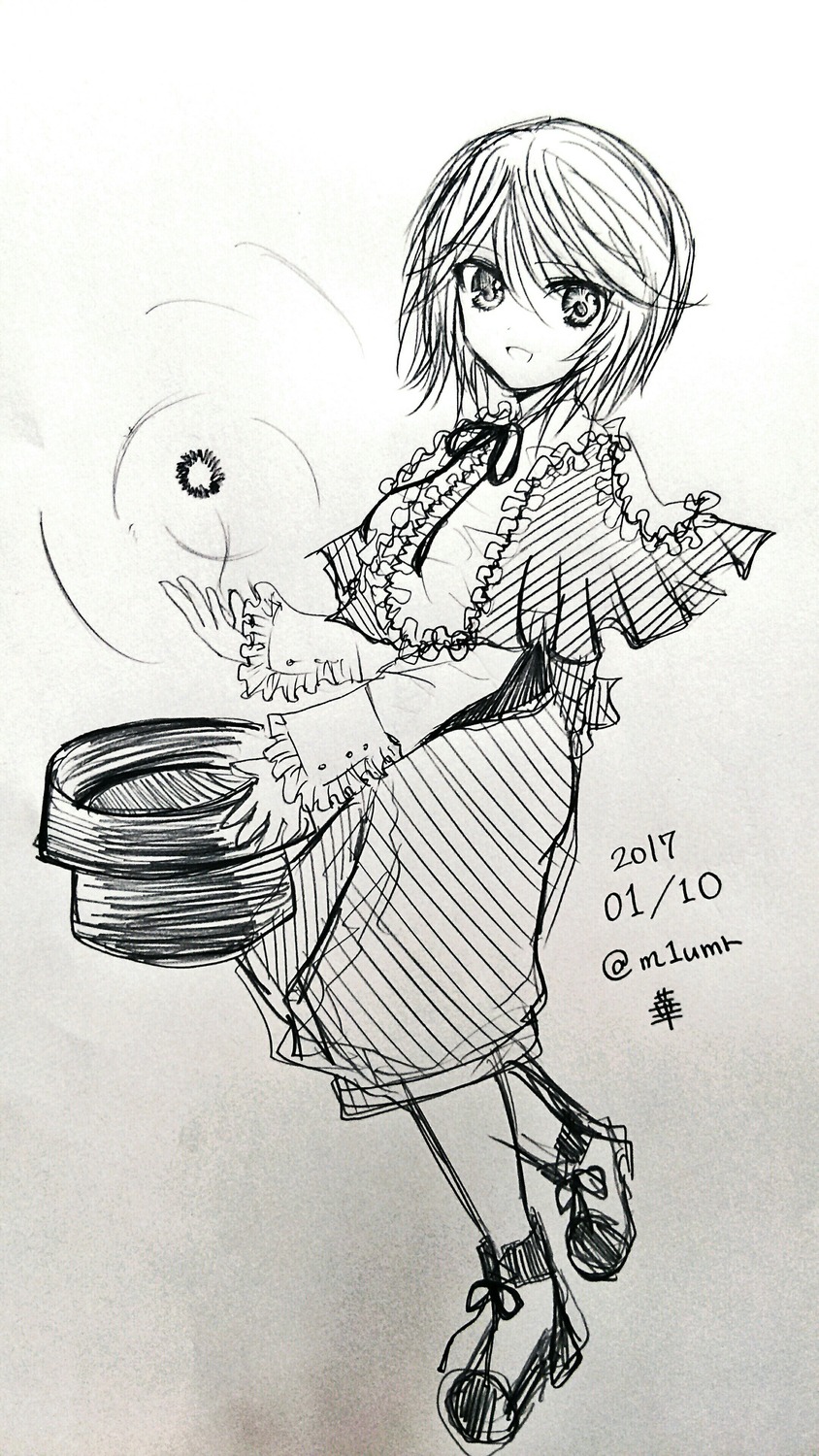1girl capelet dated full_body greyscale hat image long_sleeves looking_at_viewer m1umr monochrome short_hair solo souseiseki