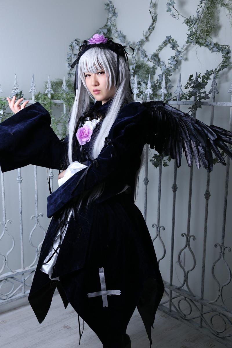 1girl black_dress black_wings dress flower lips long_hair long_sleeves looking_at_viewer silver_hair solo standing suigintou wings