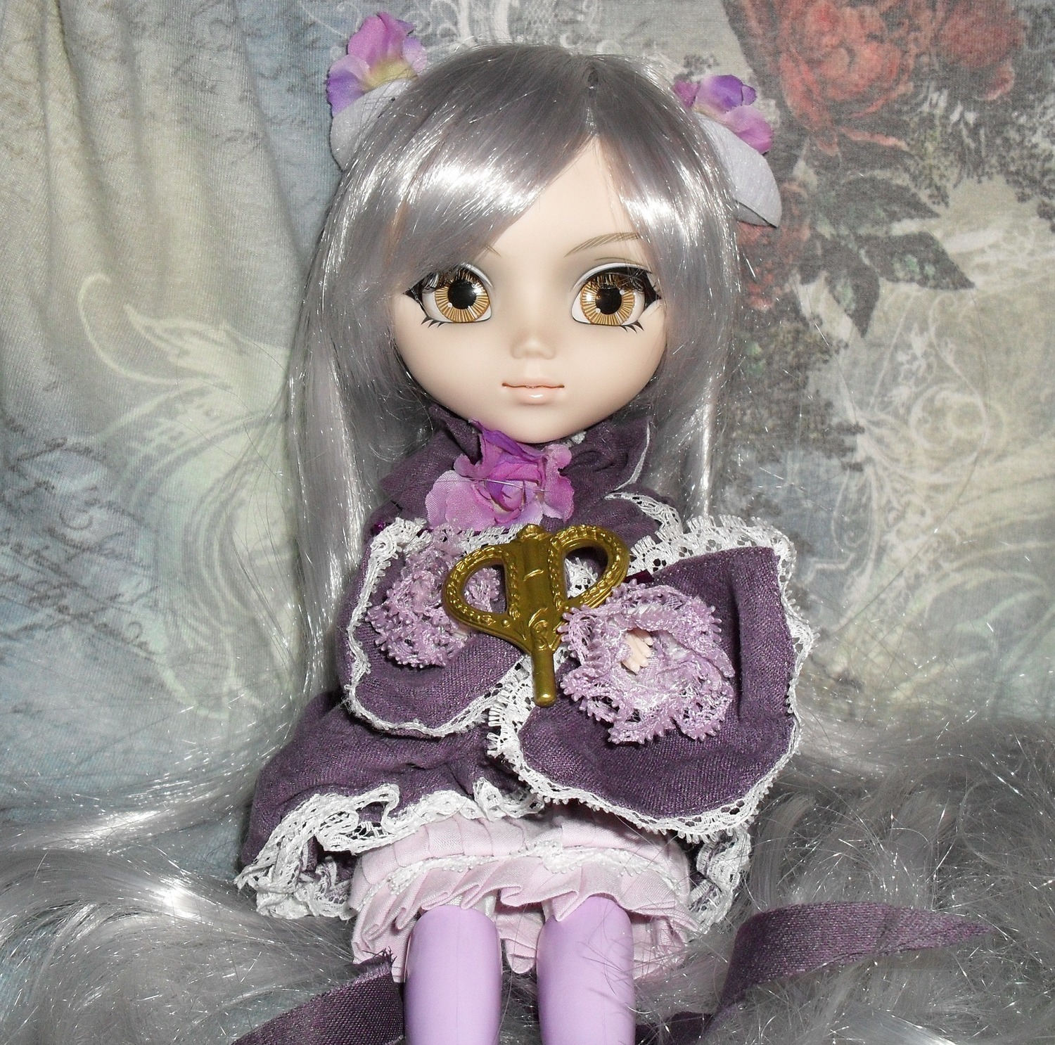 1girl barasuishou black_hair bow brown_eyes doll dress flower frills hair_ornament long_hair looking_at_viewer pink_bow rain sitting solo striped_legwear water