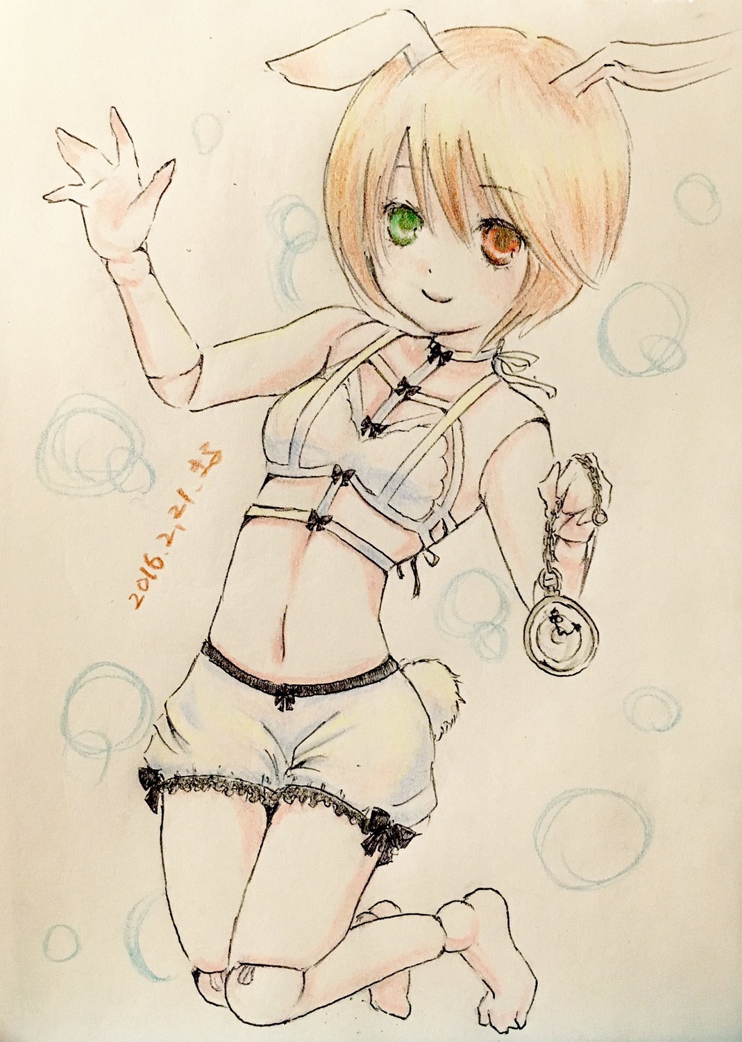 1girl animal_ears blonde_hair bloomers bunny_ears green_eyes heterochromia image midriff navel red_eyes short_hair smile solo souseiseki tail underwear