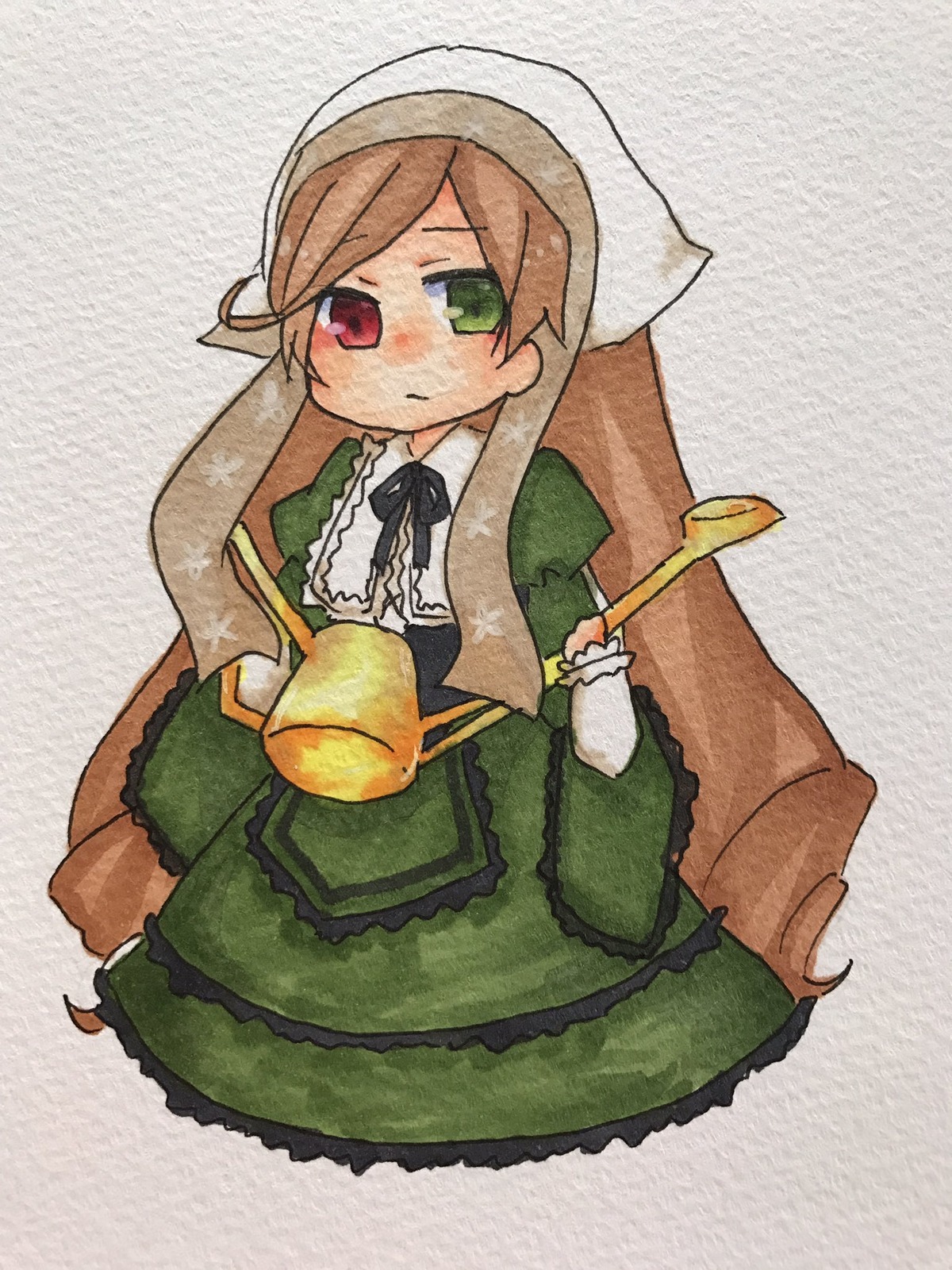 1girl brown_hair dress frills green_dress green_eyes head_scarf heterochromia holding image long_hair long_sleeves looking_at_viewer red_eyes simple_background solo suiseiseki very_long_hair watering_can
