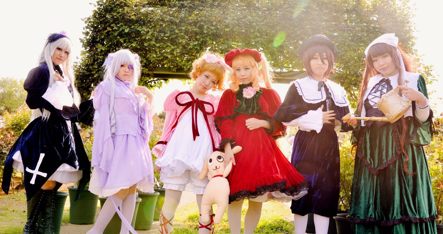 6+girls apron blonde_hair blue_eyes boots bow brown_hair closed_eyes dog dress frills green_eyes hair_ornament hair_over_one_eye hat holding long_hair long_sleeves looking_at_viewer multiple_cosplay multiple_girls nun one_eye_closed pantyhose purple_hair short_hair skirt smile standing tagme wide_sleeves
