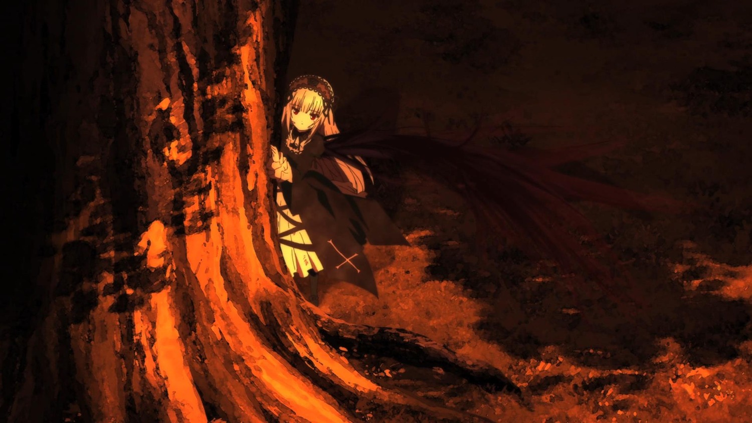 1girl black_dress blonde_hair dress fire image long_hair long_sleeves looking_at_viewer solo standing suigintou wide_sleeves yellow_eyes