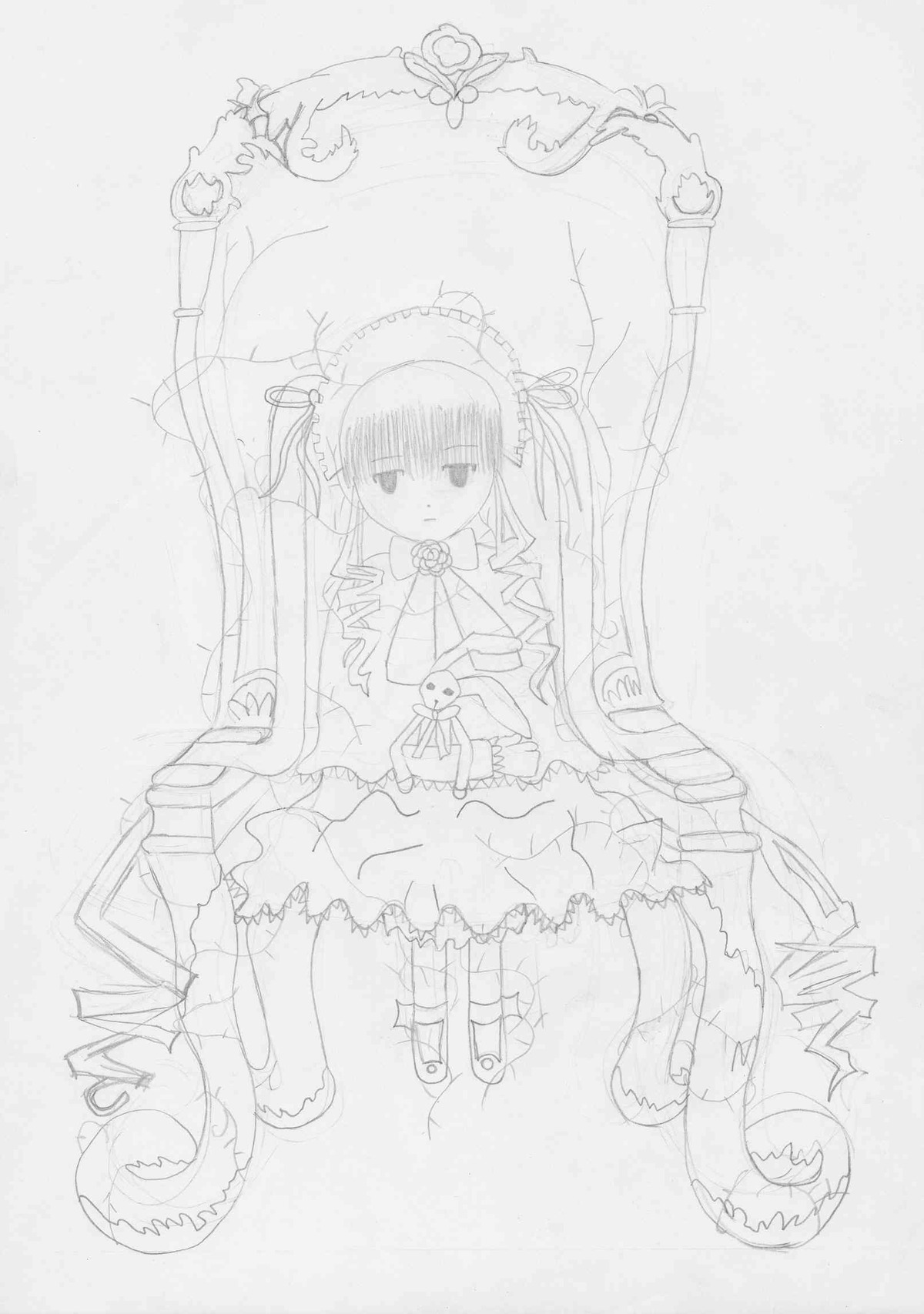 1girl dress frills full_body greyscale image long_hair long_sleeves looking_at_viewer monochrome shinku sitting solo twintails very_long_hair