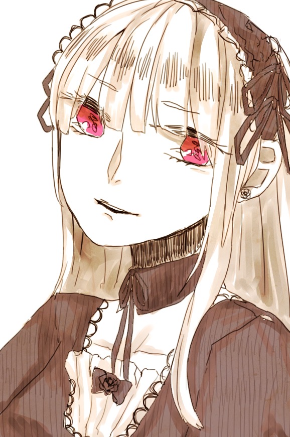 1girl bangs bow dress eyebrows_visible_through_hair image jewelry long_hair looking_at_viewer parted_lips simple_background solo suigintou white_background