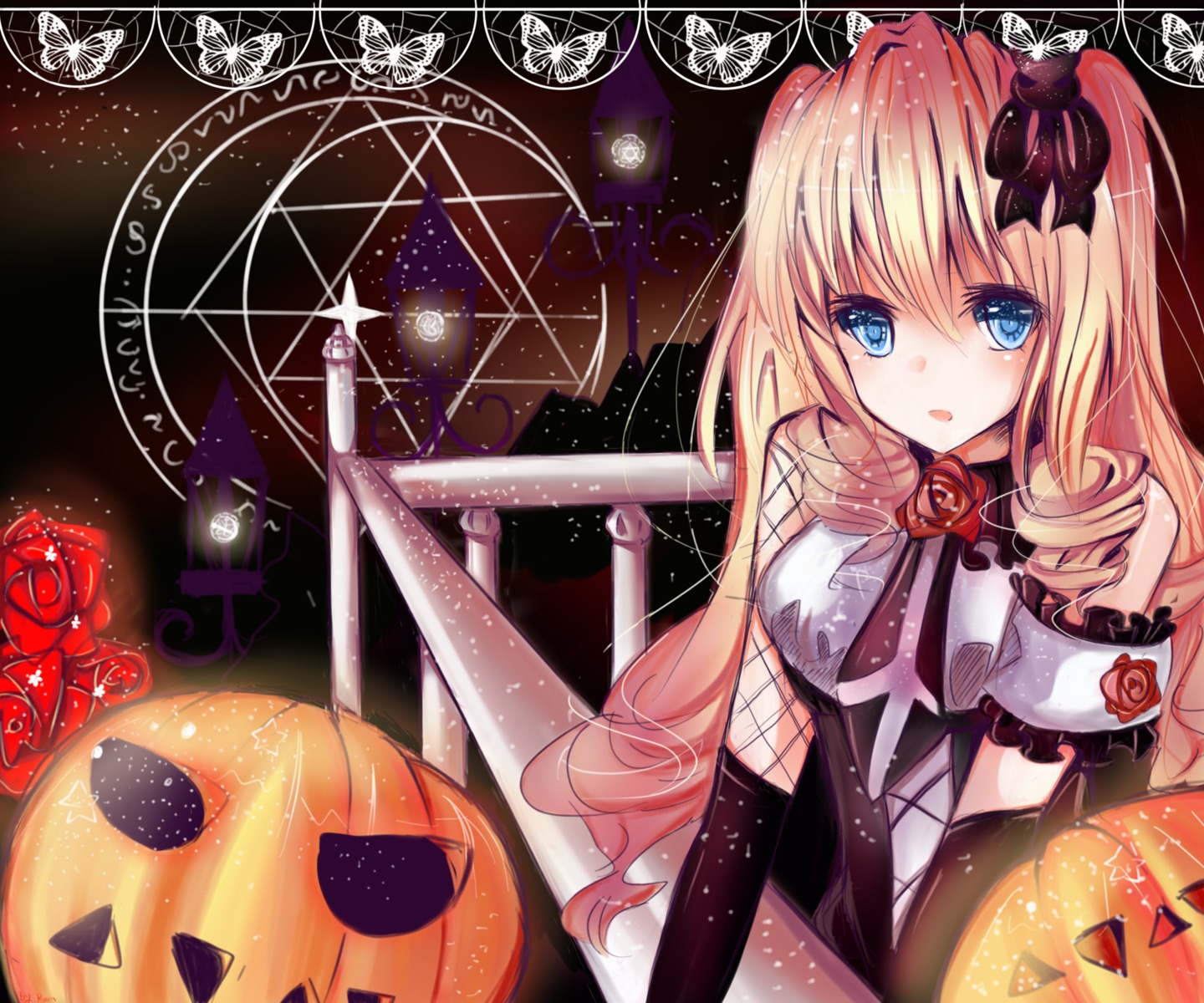 1girl blonde_hair blue_eyes candy cross dress elbow_gloves flower gloves hair_ornament halloween image jack-o'-lantern long_hair pumpkin red_flower red_rose rose shinku solo
