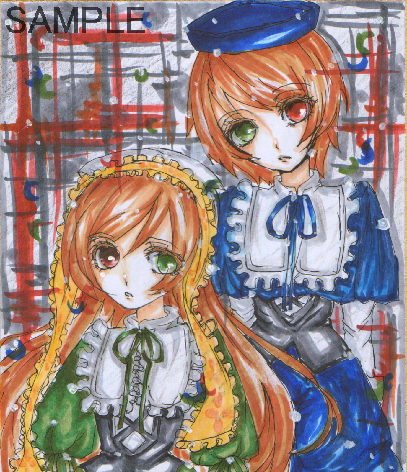 2girls black_ribbon brown_hair dress frills green_eyes hat heterochromia image long_hair long_sleeves looking_at_viewer multiple_girls pair red_eyes ribbon short_hair siblings sisters souseiseki suiseiseki traditional_media twins very_long_hair