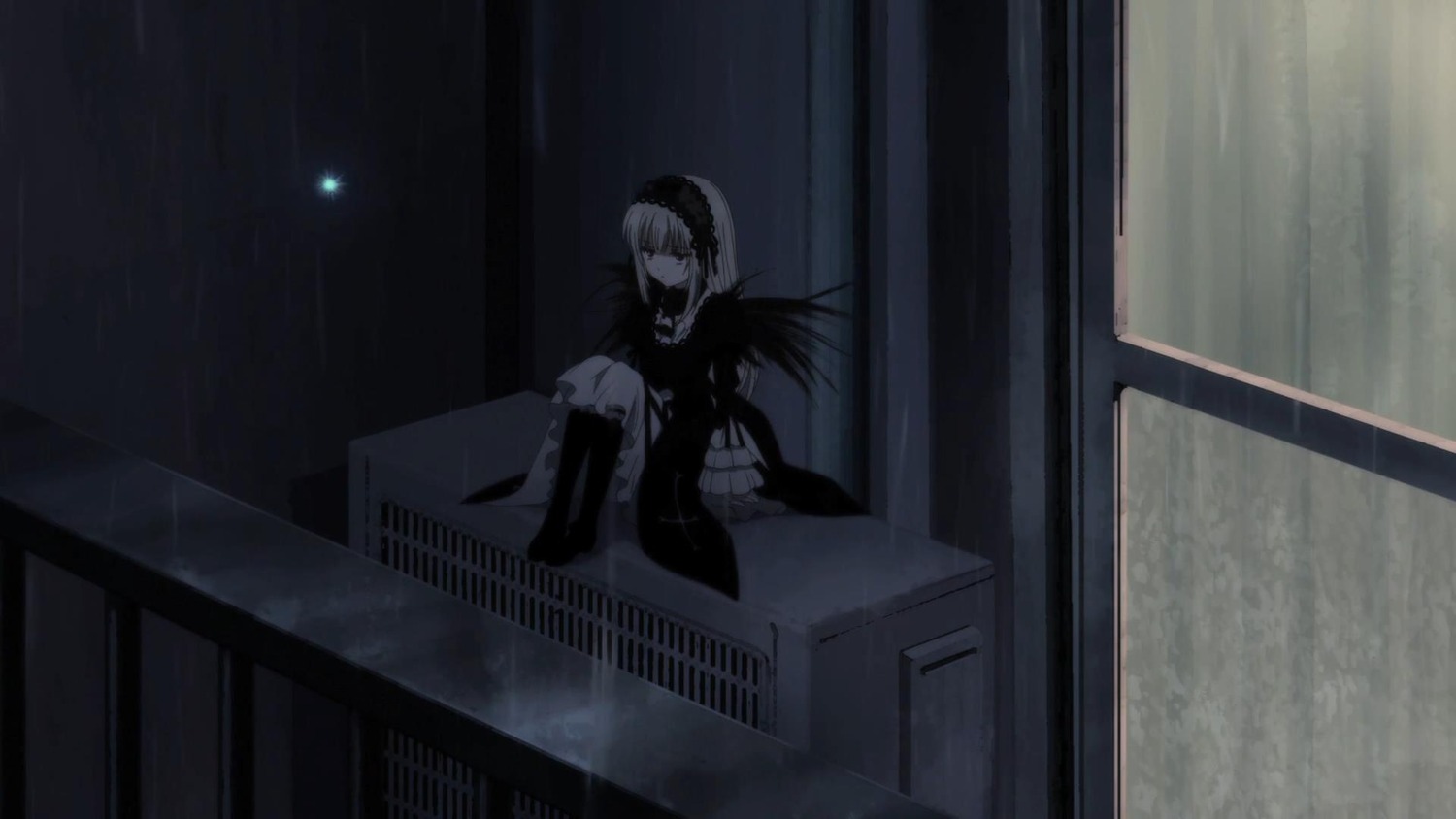 1girl black_wings dress frills hairband image long_sleeves looking_at_viewer monochrome piano sitting solo suigintou wings