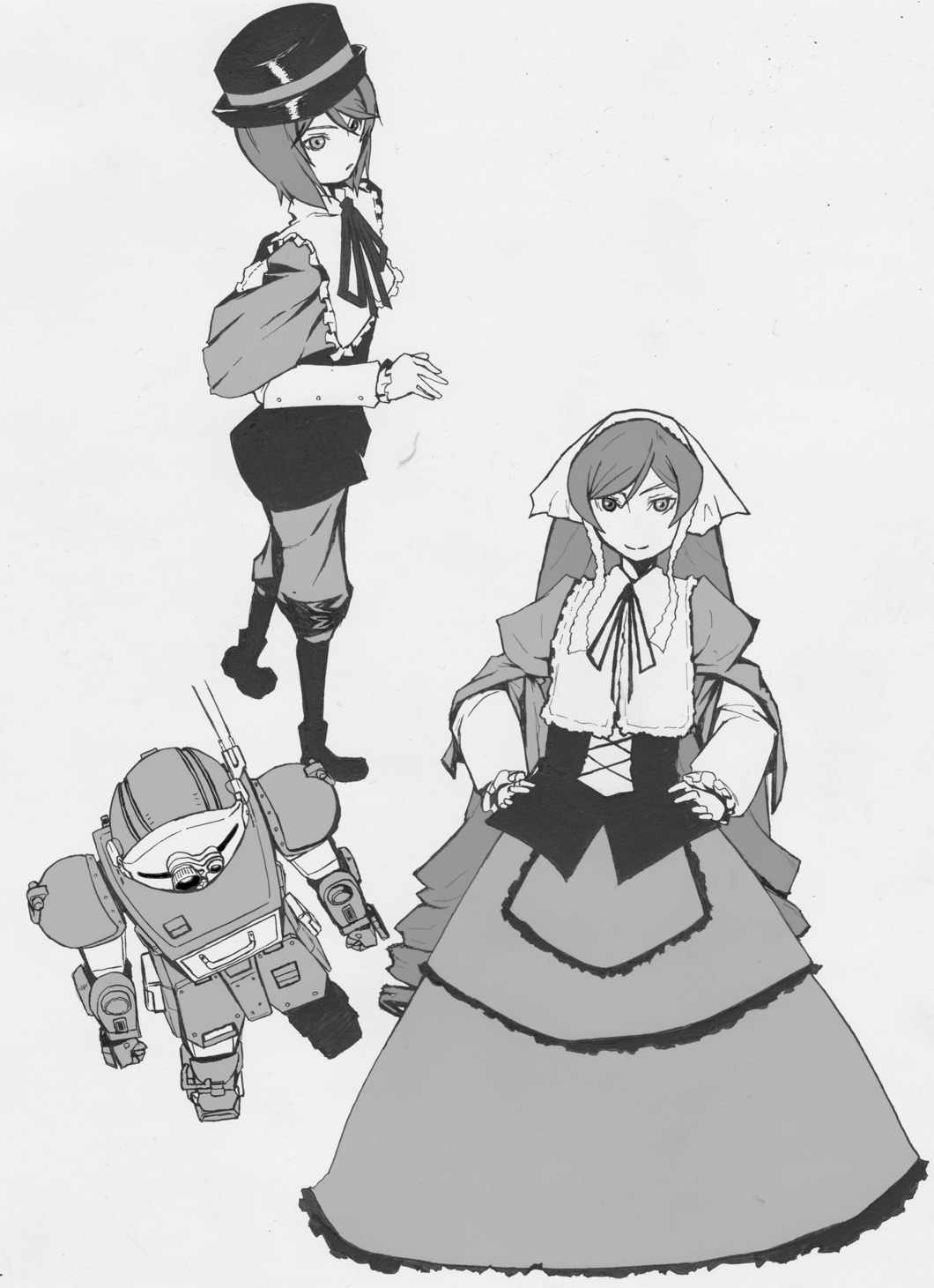 1girl capelet dress greyscale hand_on_hip hood image long_sleeves monochrome pair ribbon short_hair smile souseiseki standing suiseiseki