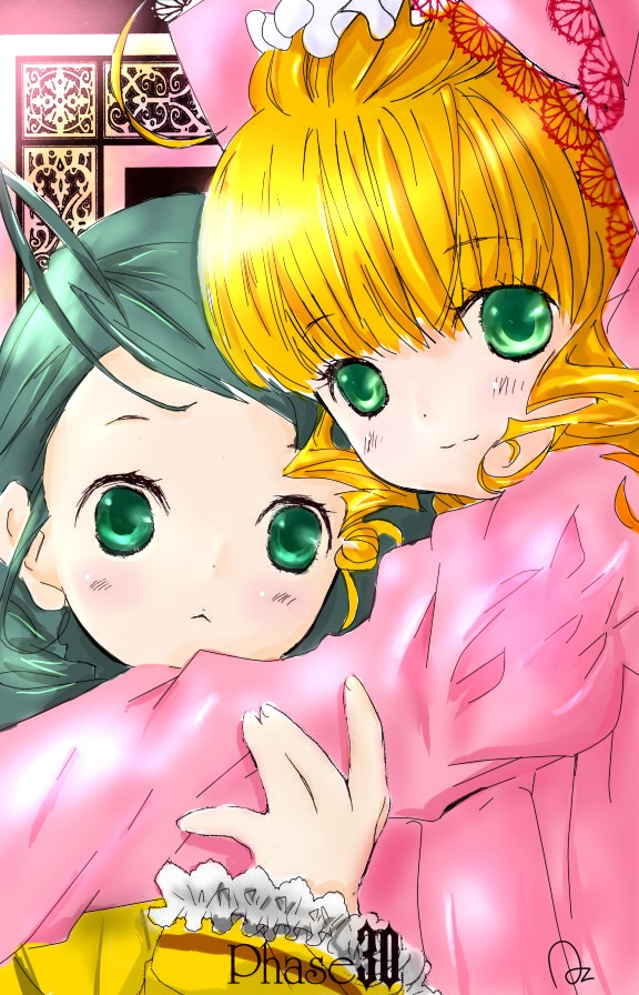 2girls animal_ears bangs blonde_hair blush frilled_pillow frills green_eyes hina_ichigo hinaichigo image kanaria long_sleeves looking_at_viewer multiple_girls pair pillow pink_bow smile