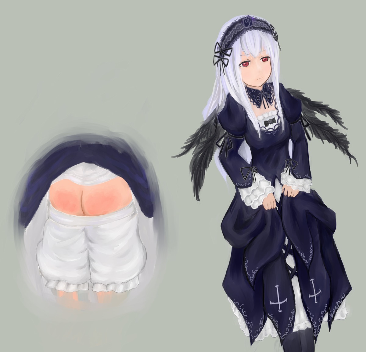 1girl bangs black_dress black_wings bloomers closed_mouth dress feathered_wings feathers frilled_sleeves frills hairband image juliet_sleeves lolita_fashion long_hair long_sleeves looking_at_viewer multiple_views red_eyes ribbon silver_hair simple_background solo suigintou underwear wings
