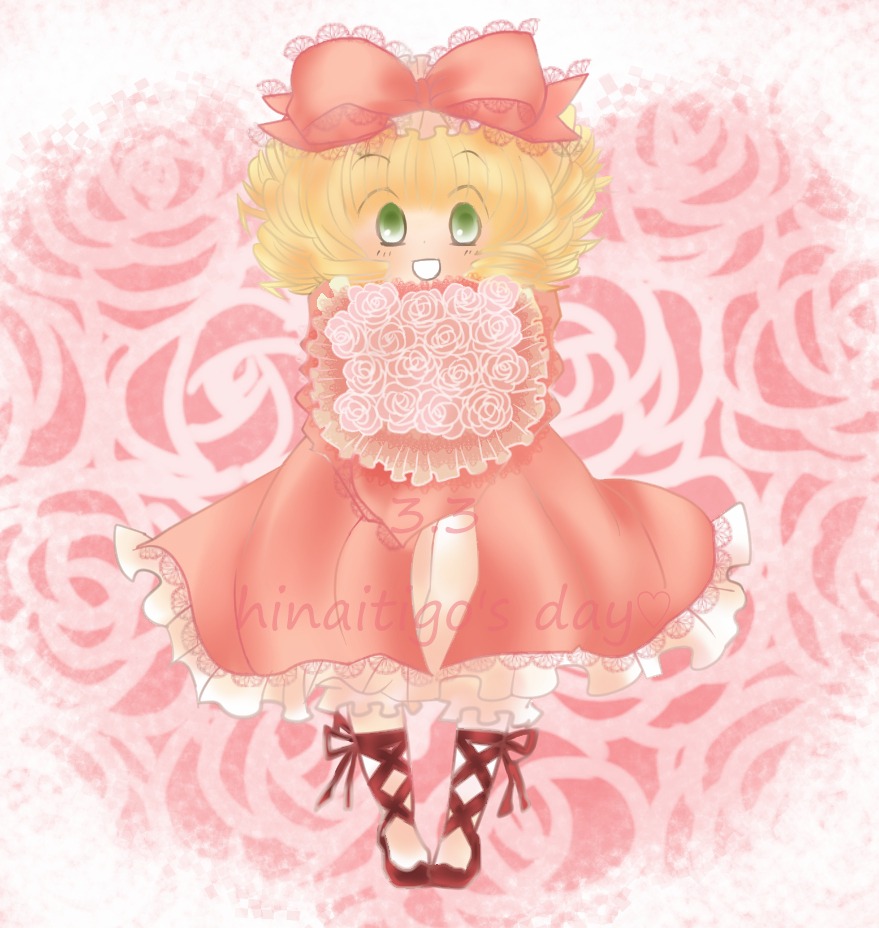 1girl blonde_hair bouquet bow cross-laced_footwear dress flower frills full_body green_eyes hina_ichigo hinaichigo image open_mouth pink_bow pink_dress rose short_hair smile solo