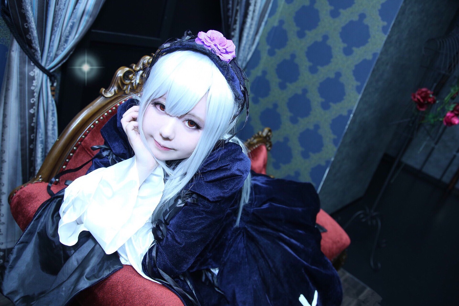 1girl black_dress curtains dress flower hairband indoors long_hair looking_at_viewer red_flower red_rose rose solo suigintou window