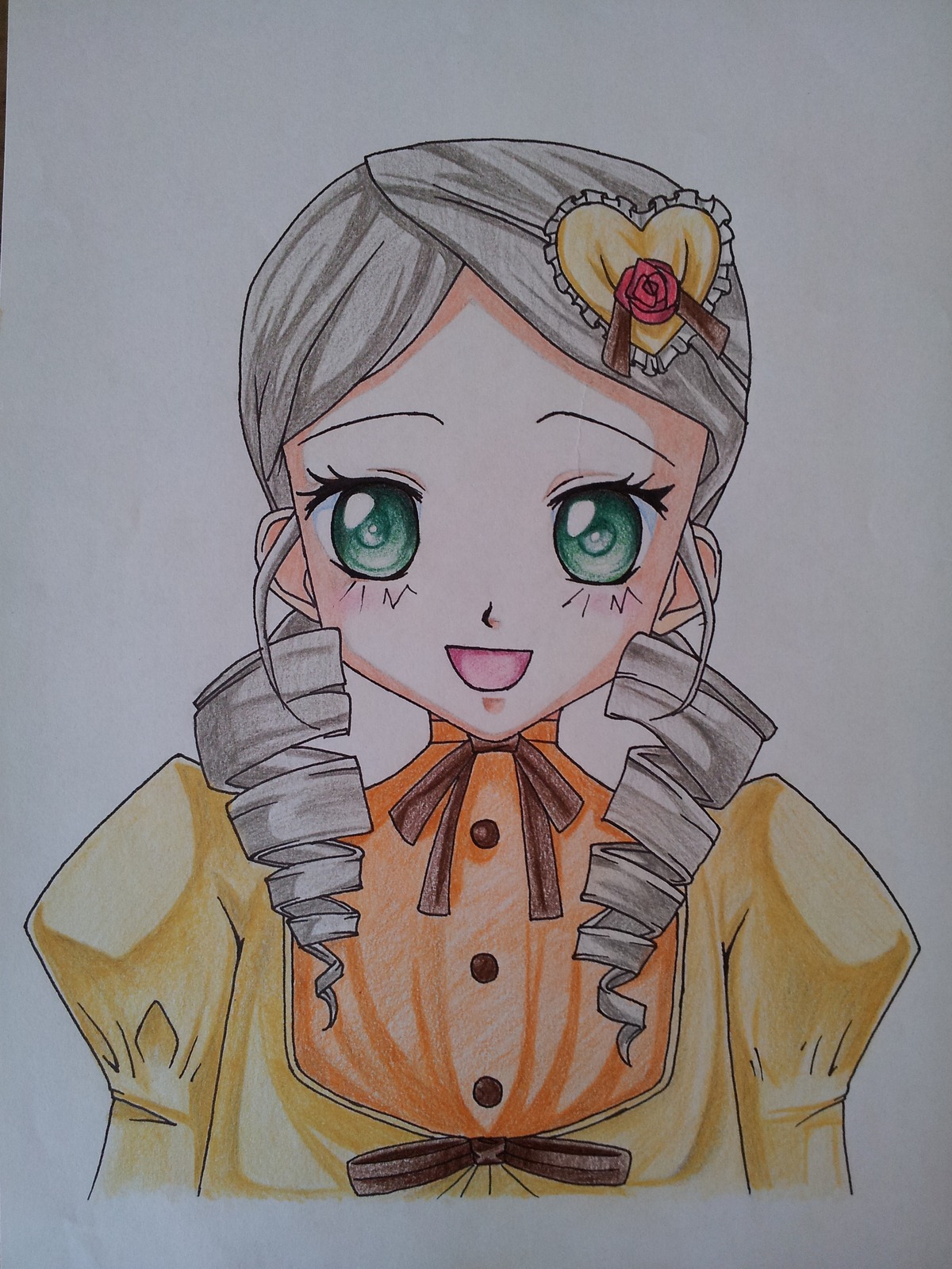 1girl :d drill_hair green_eyes hair_ornament heart heart_hair_ornament image juliet_sleeves kanaria long_sleeves looking_at_viewer neck_ribbon open_mouth photo ribbon simple_background smile solo traditional_media twin_drills upper_body