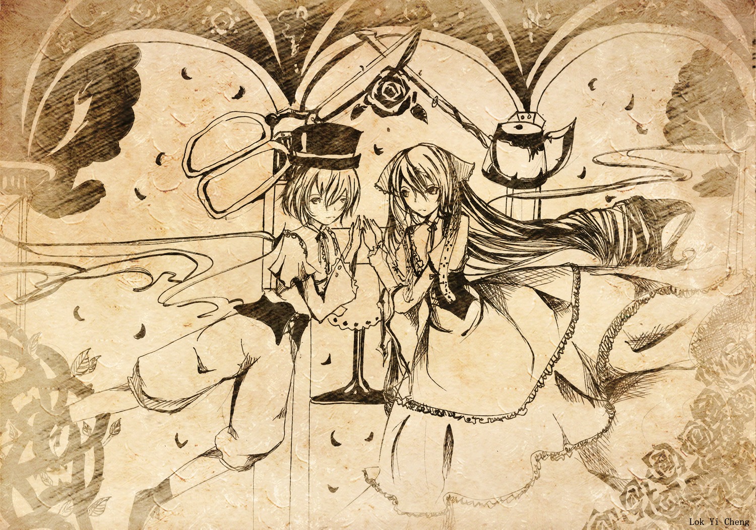 3girls crescent_moon dress flower hat image long_hair monochrome multiple_girls pair short_hair siblings souseiseki suiseiseki very_long_hair