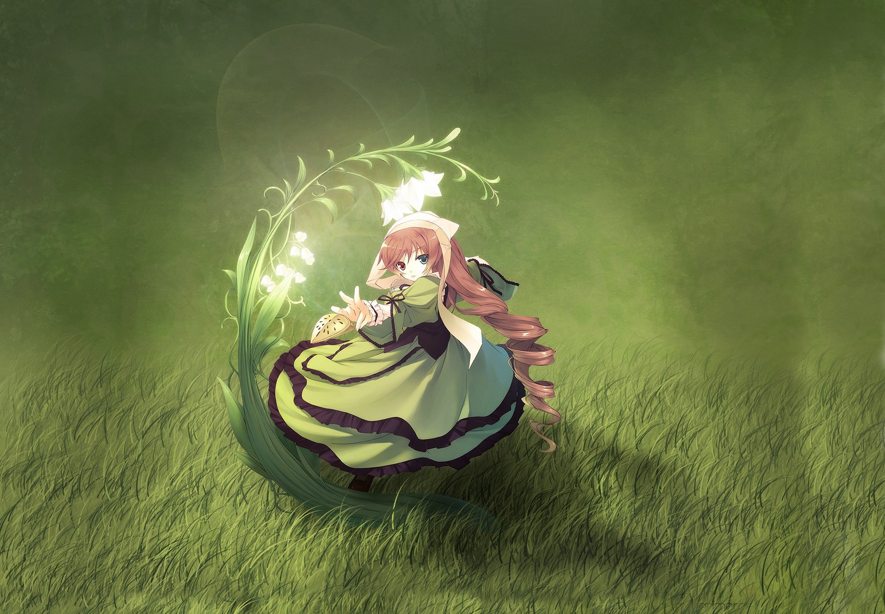 1girl bow dress drill_hair frills grass green_dress image long_hair long_sleeves pink_hair solo suiseiseki very_long_hair