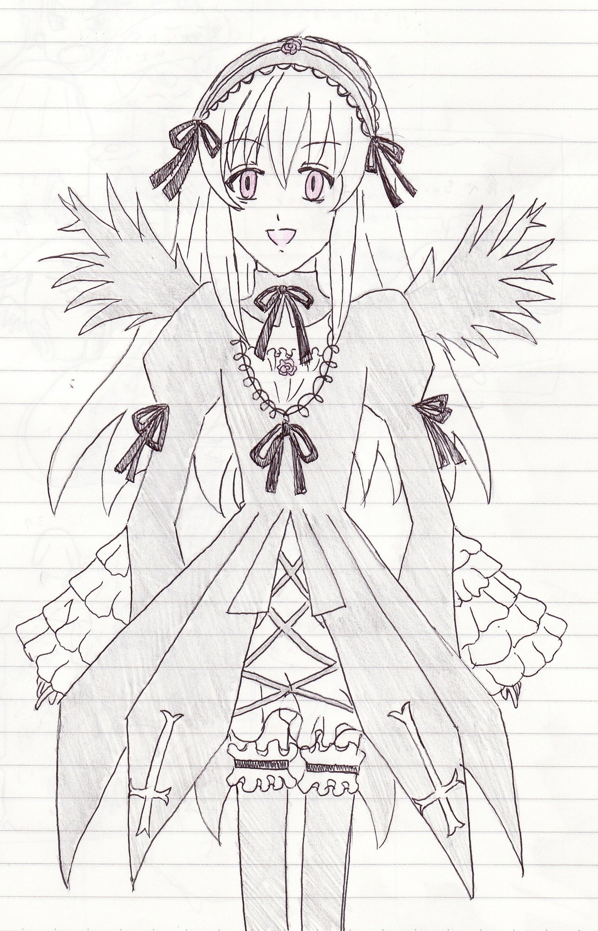 1girl :d detached_collar dress frilled_sleeves frills hairband image long_hair long_sleeves looking_at_viewer monochrome open_mouth ribbon simple_background smile solo standing suigintou very_long_hair wings