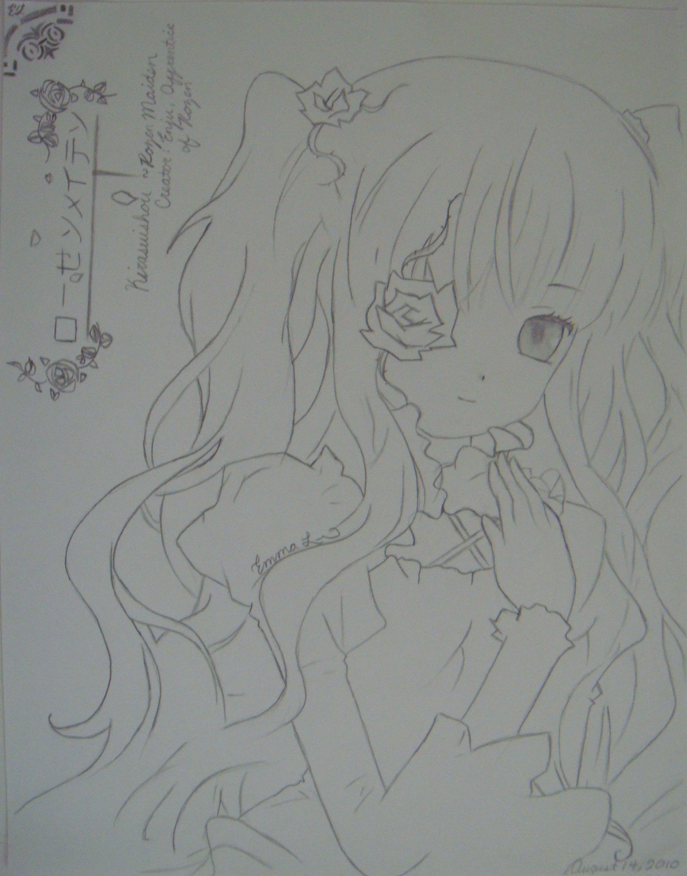1girl bow dress flower hair_flower hair_ornament image kirakishou long_hair looking_at_viewer monochrome rose solo traditional_media two_side_up