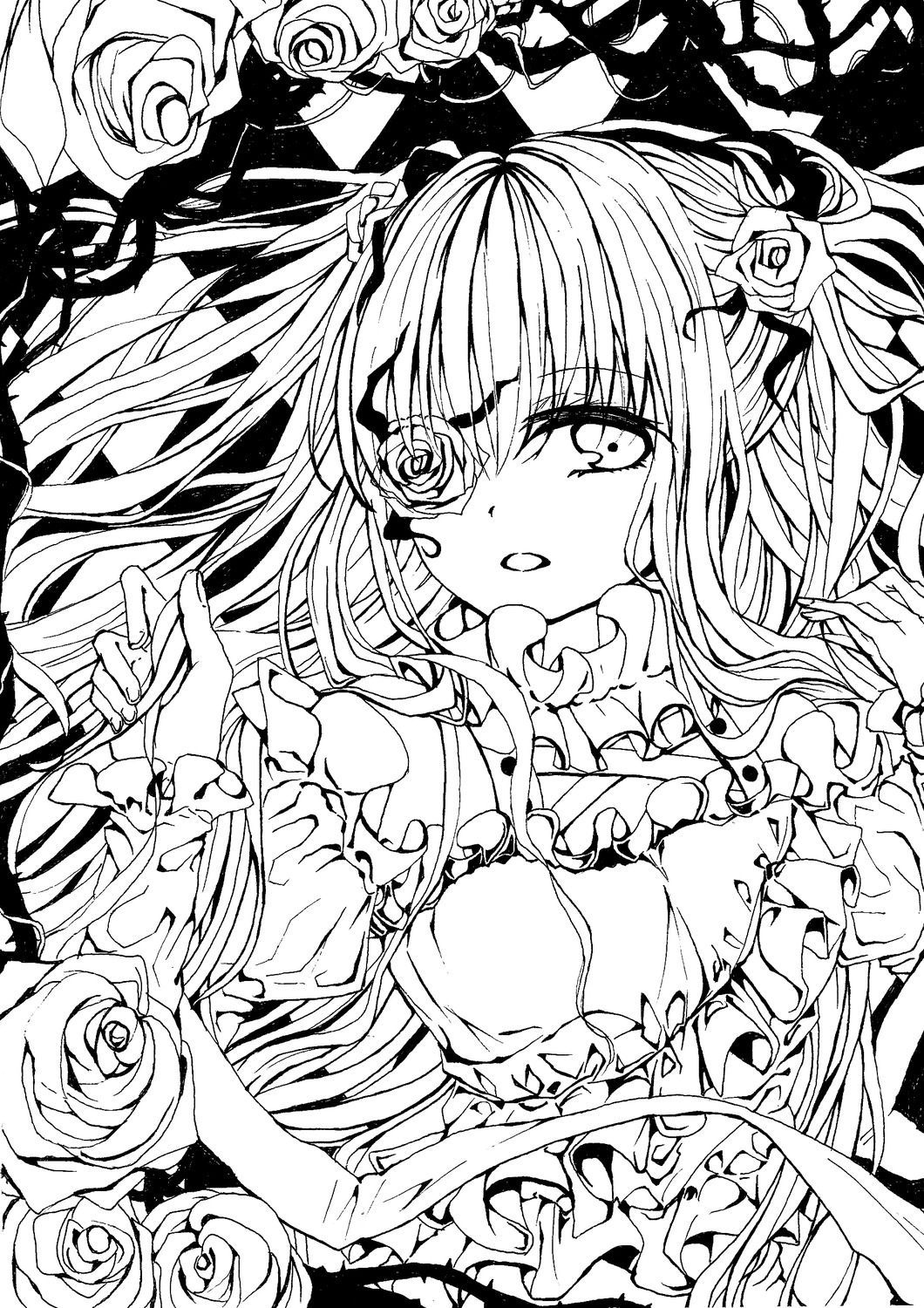 1girl black_rose dress eyepatch flower frills greyscale hair_flower hands_up image kirakishou lineart long_hair long_sleeves looking_at_viewer monochrome pink_rose red_rose rose solo thorns upper_body vines white_rose yellow_rose