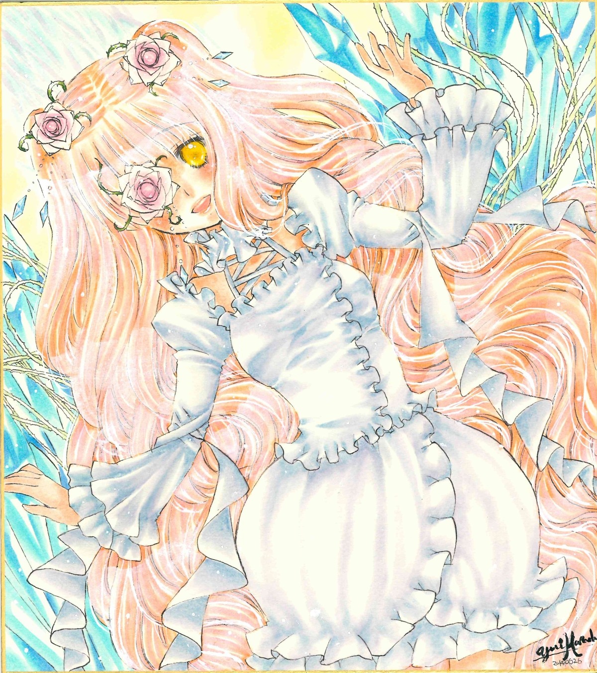1girl acrylic_paint_(medium) artist_name blonde_hair colored_pencil_(medium) dress eyepatch flower frills hair_flower hair_ornament image kirakishou long_hair long_sleeves marker_(medium) millipen_(medium) pastel_(medium) pink_flower pink_hair pink_rose rose shikishi signature solo traditional_media very_long_hair watercolor_(medium) watercolor_pencil_(medium) white_rose wings yellow_eyes