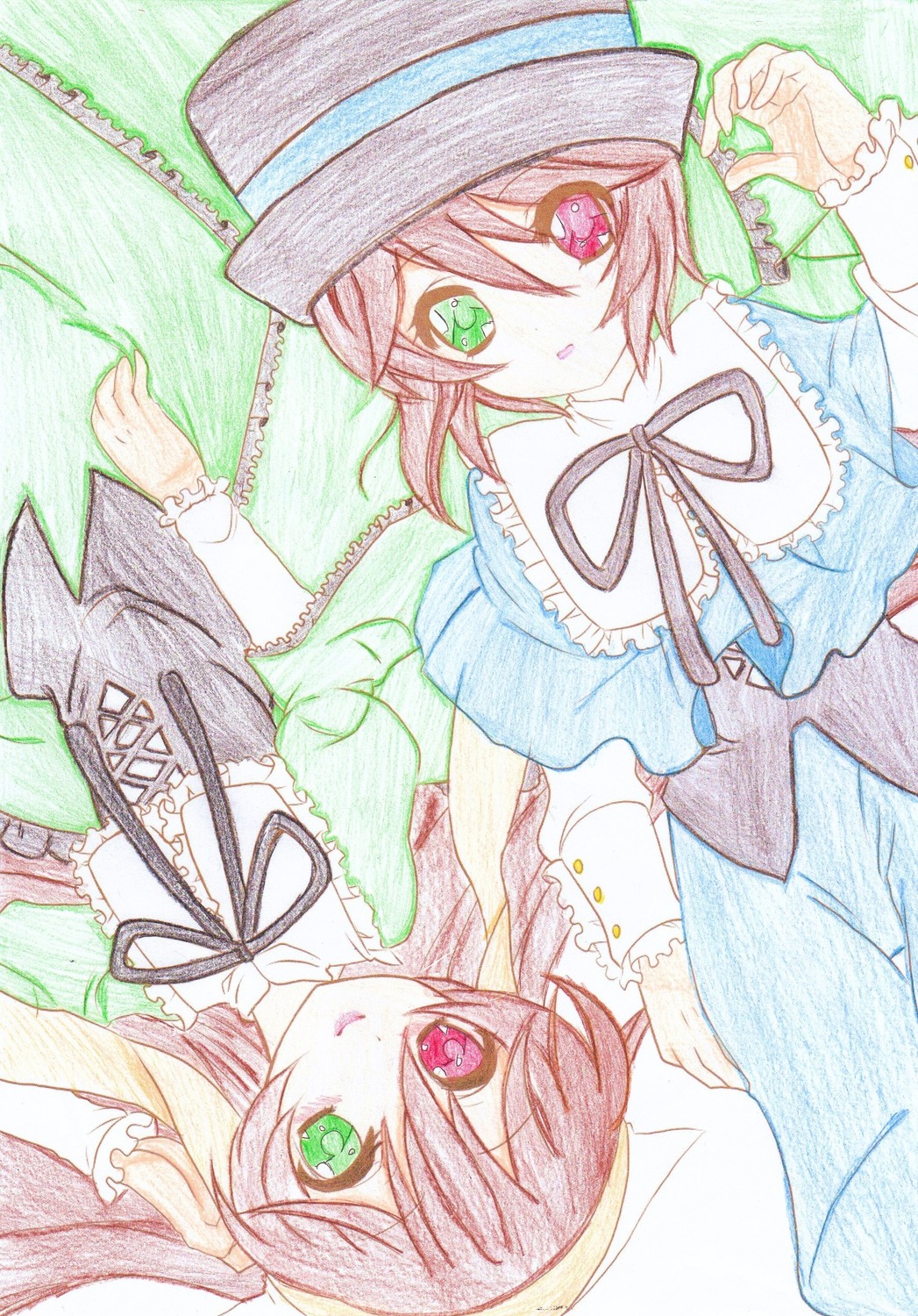 2girls black_ribbon brown_hair dress frills green_dress green_eyes hat head_scarf heterochromia image long_hair long_sleeves looking_at_viewer multiple_girls pair red_eyes ribbon short_hair siblings sisters souseiseki suiseiseki traditional_media twins watercolor_(medium)