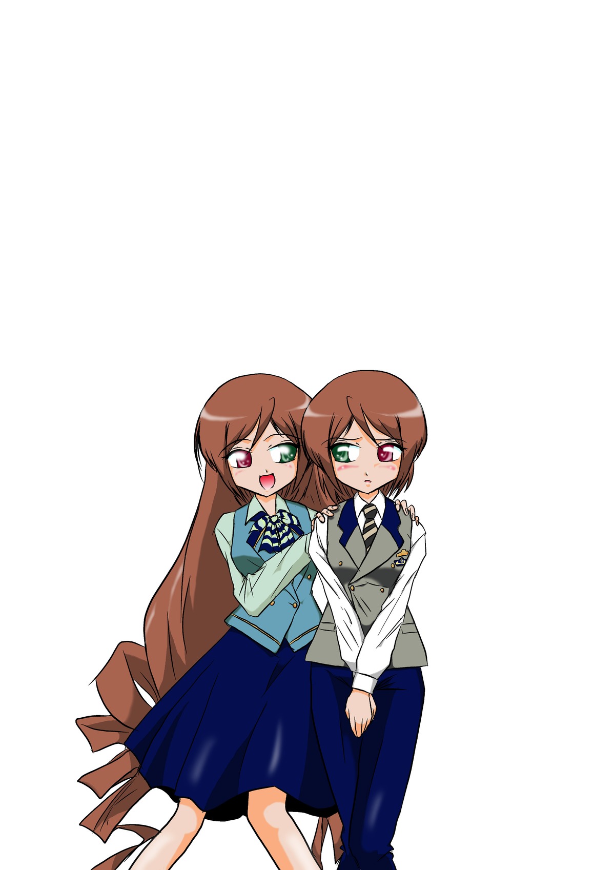 2girls :d brown_hair green_eyes heterochromia image long_hair multiple_girls open_mouth pair red_eyes short_hair siblings sisters skirt smile souseiseki suiseiseki twins very_long_hair