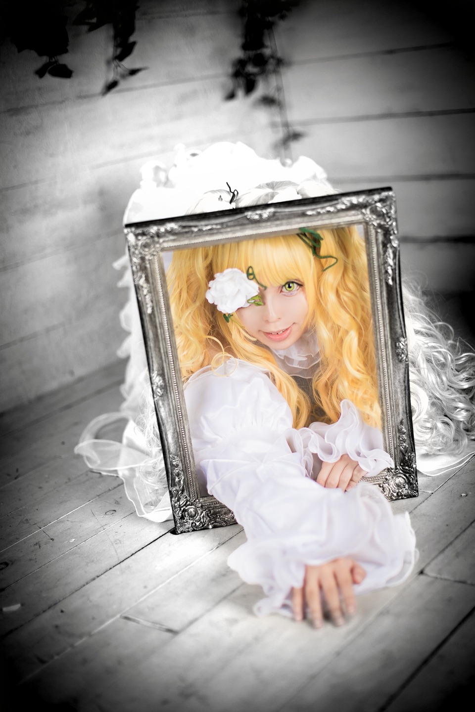 1girl blonde_hair blurry depth_of_field dress flower from_outside green_eyes hair_ornament instrument kirakishou lips long_hair looking_at_viewer photo solo window