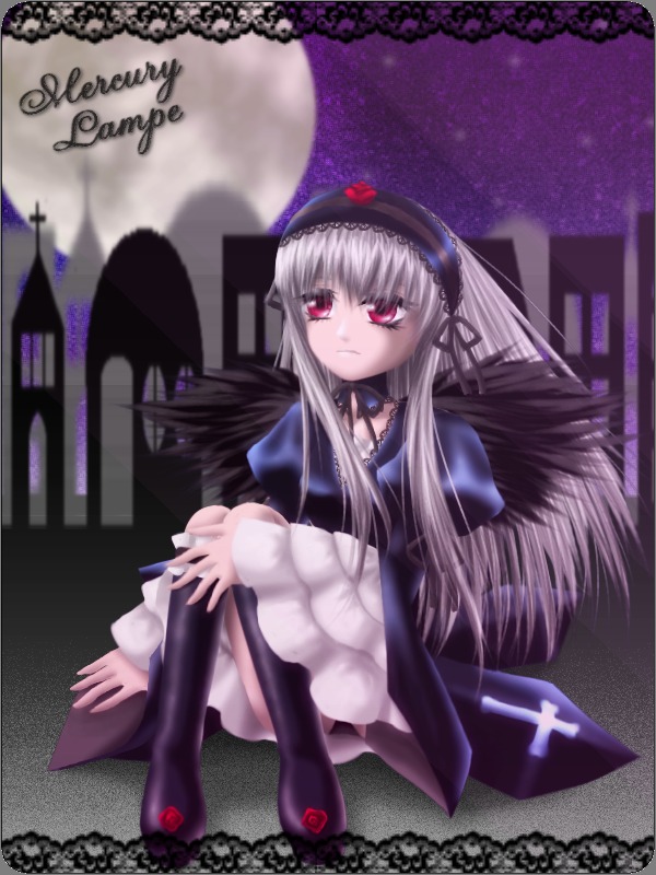 1girl black_wings boots detached_collar dress flower frills full_body hairband image juliet_sleeves knee_boots long_hair long_sleeves looking_at_viewer pink_eyes red_eyes rose silver_hair sitting solo suigintou wings