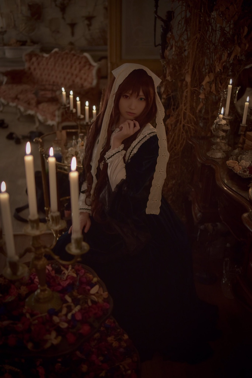 1girl brown_hair candle dress green_eyes looking_at_viewer nun solo suiseiseki