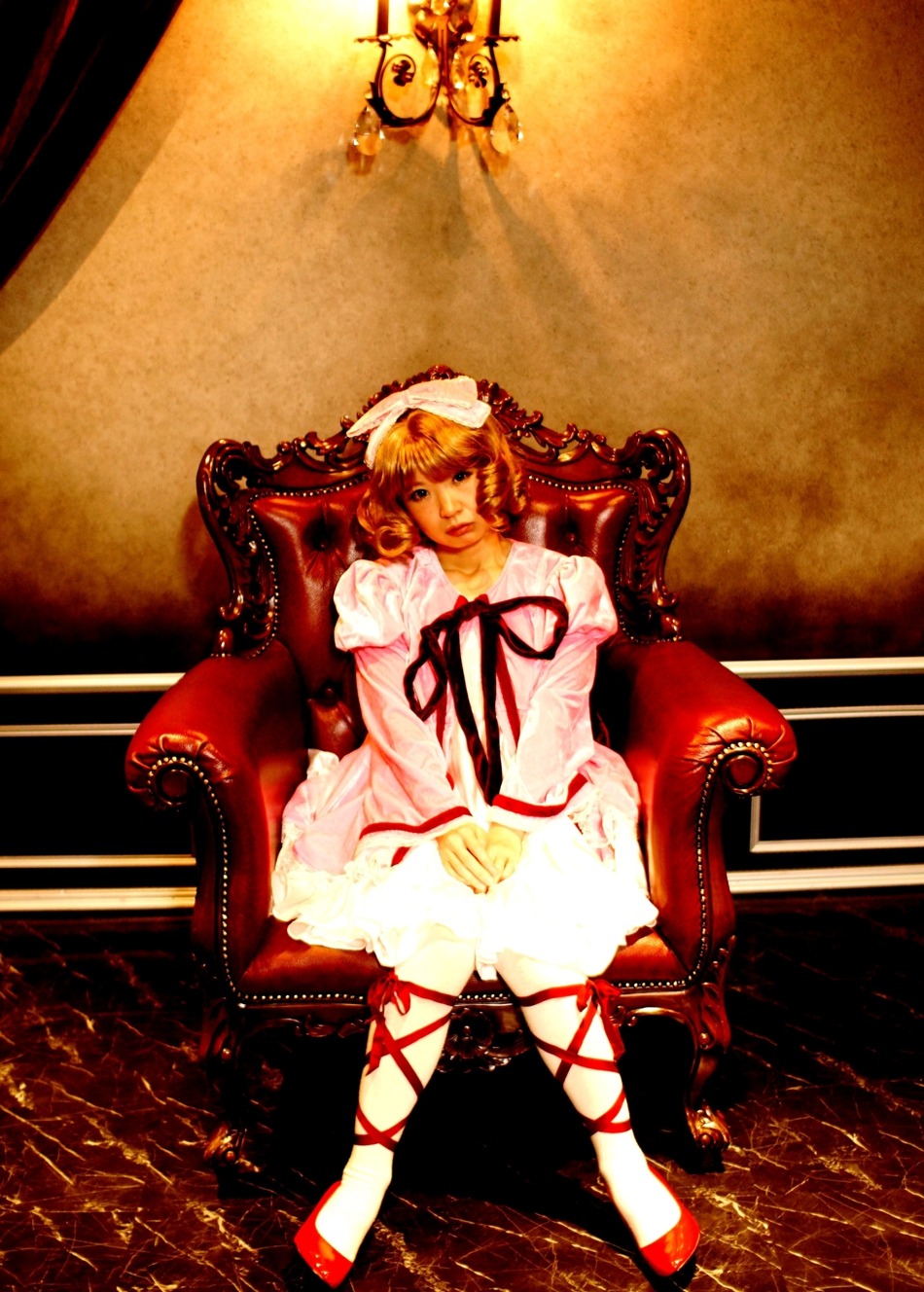 1girl blonde_hair chair dress frills hinaichigo ribbon shoes short_hair sitting solo