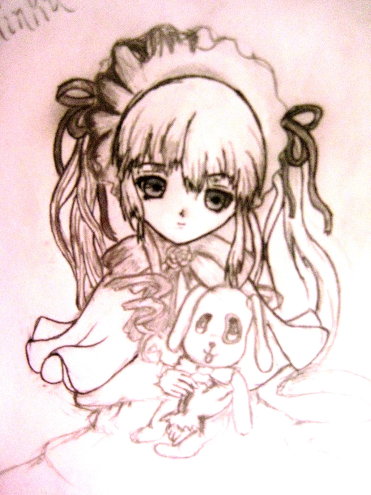 1girl dress image long_hair long_sleeves looking_at_viewer monochrome shinku solo stuffed_animal upper_body very_long_hair