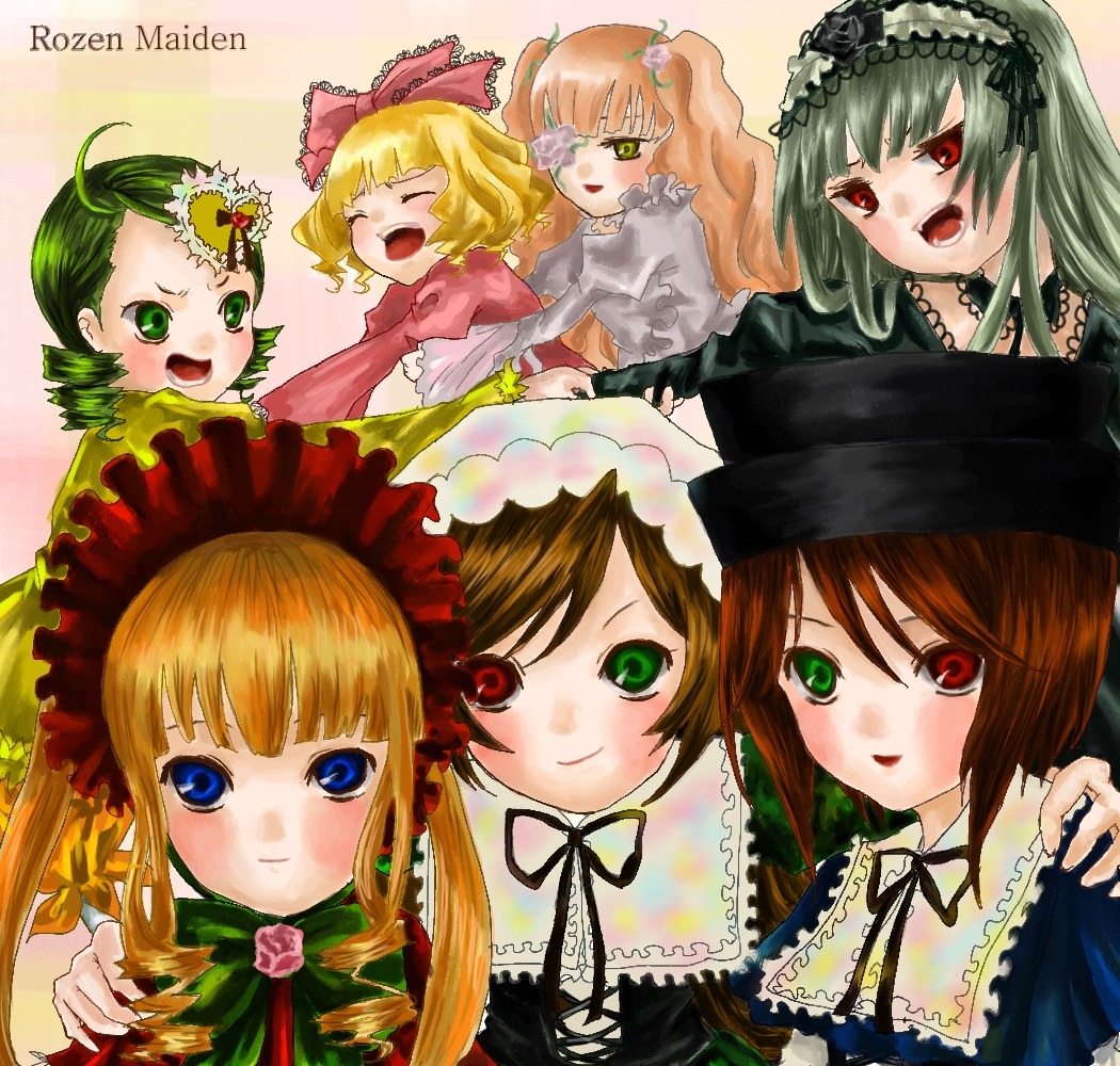 6+girls :d blonde_hair blue_eyes blush bow brown_hair closed_eyes dress flower frills green_eyes green_hair head_scarf heterochromia hina_ichigo image kanaria long_hair long_sleeves looking_at_viewer multiple multiple_girls open_mouth pink_bow red_eyes rose shinku short_hair siblings sisters smile souseiseki suigintou suiseiseki tagme twins twintails very_long_hair