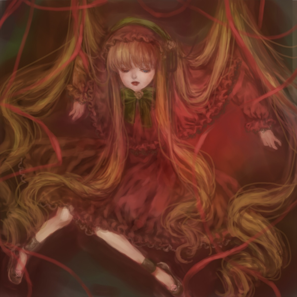 1girl absurdly_long_hair blonde_hair bow dress frills image long_hair long_sleeves red_dress ribbon shinku solo very_long_hair
