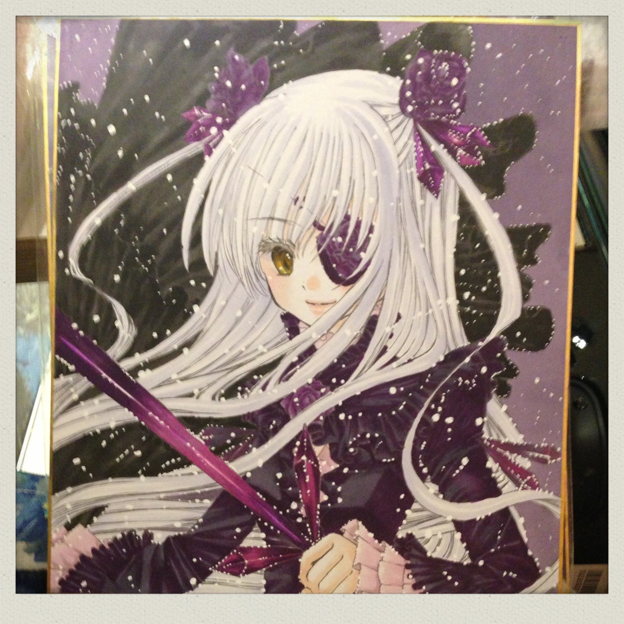 1girl barasuishou dress eyepatch hair_ornament image long_hair long_sleeves looking_at_viewer ribbon smile solo two_side_up upper_body yellow_eyes