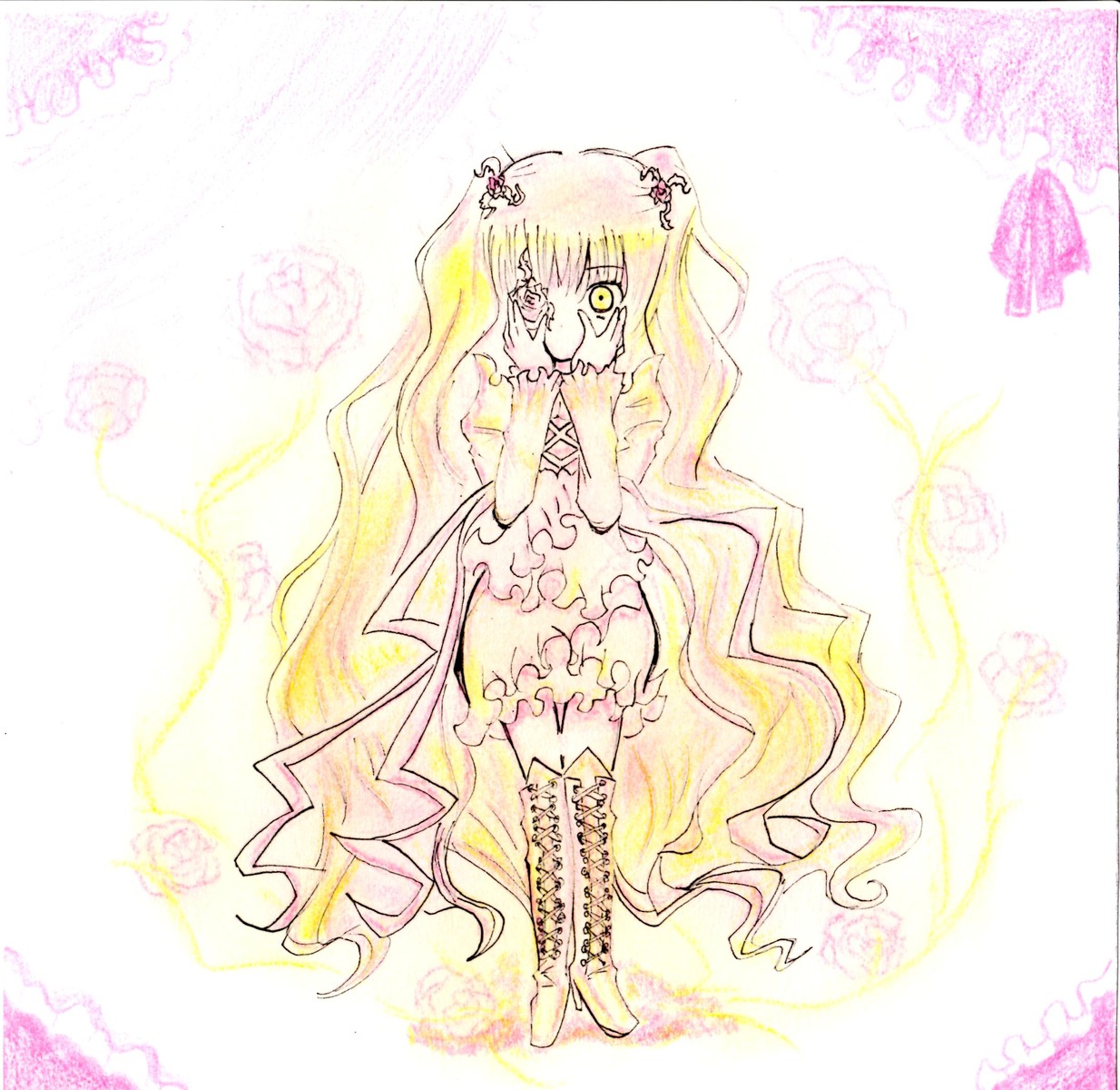 1girl blonde_hair boots cross-laced_footwear gradient_hair image kirakishou knee_boots long_hair multicolored_hair pink_hair solo striped thigh_boots thighhighs vertical_stripes very_long_hair yellow_eyes