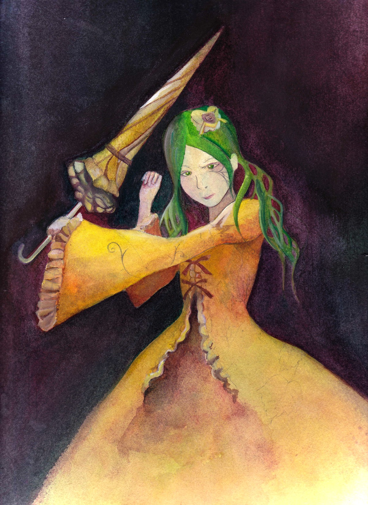 1girl flower frills green_eyes green_hair hair_flower hair_ornament image kanaria lips long_hair solo umbrella