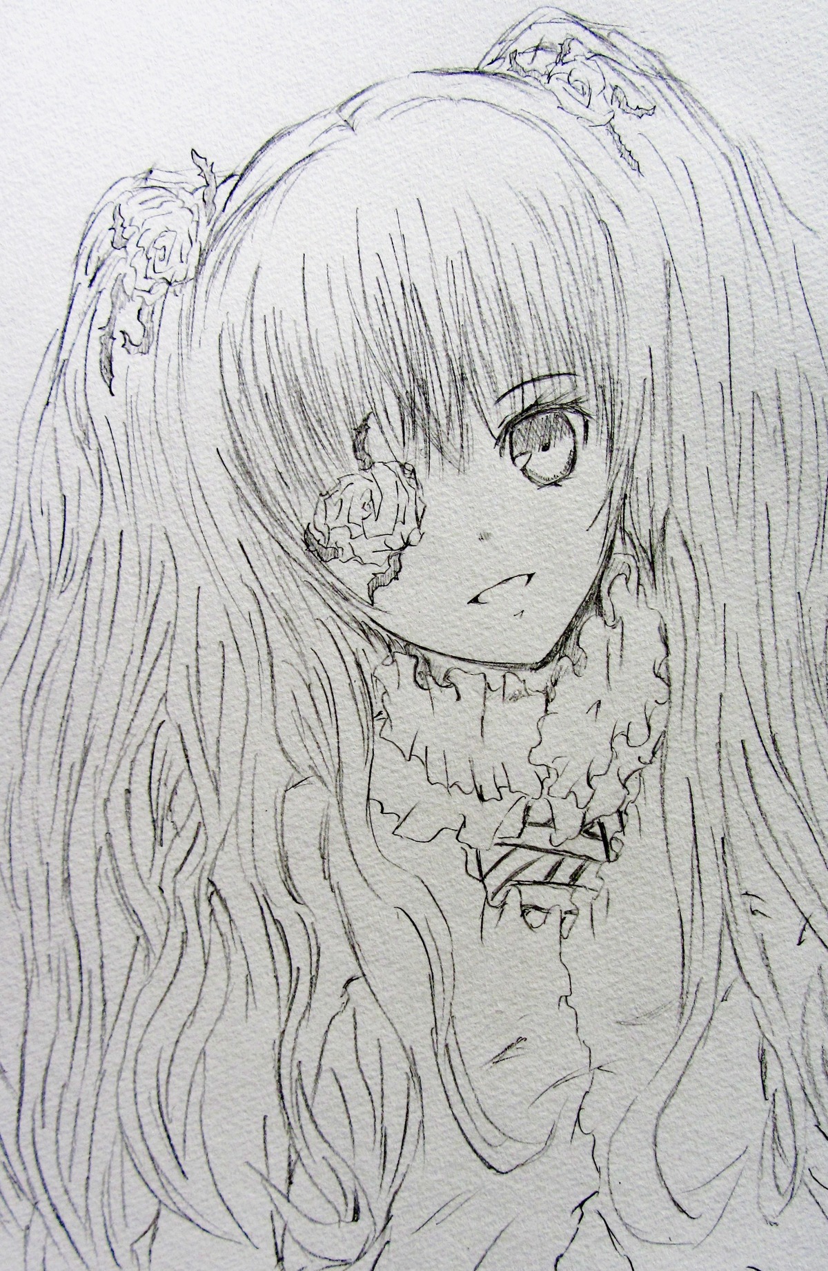 1girl eyepatch flower frills greyscale hair_ornament image kirakishou long_hair looking_at_viewer monochrome simple_background solo traditional_media upper_body white_background