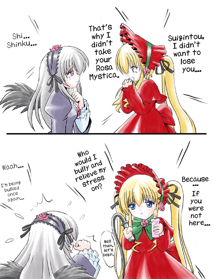 2girls artist_request black_wings blonde_hair blue_eyes bonnet bow comic dress flower green_neckwear hairband hard_translated image lolita_hairband long_hair long_sleeves multiple_girls pair red_dress rose rozen_maiden shinku silver_hair suigintou third-party_edit translated twintails wings yuri
