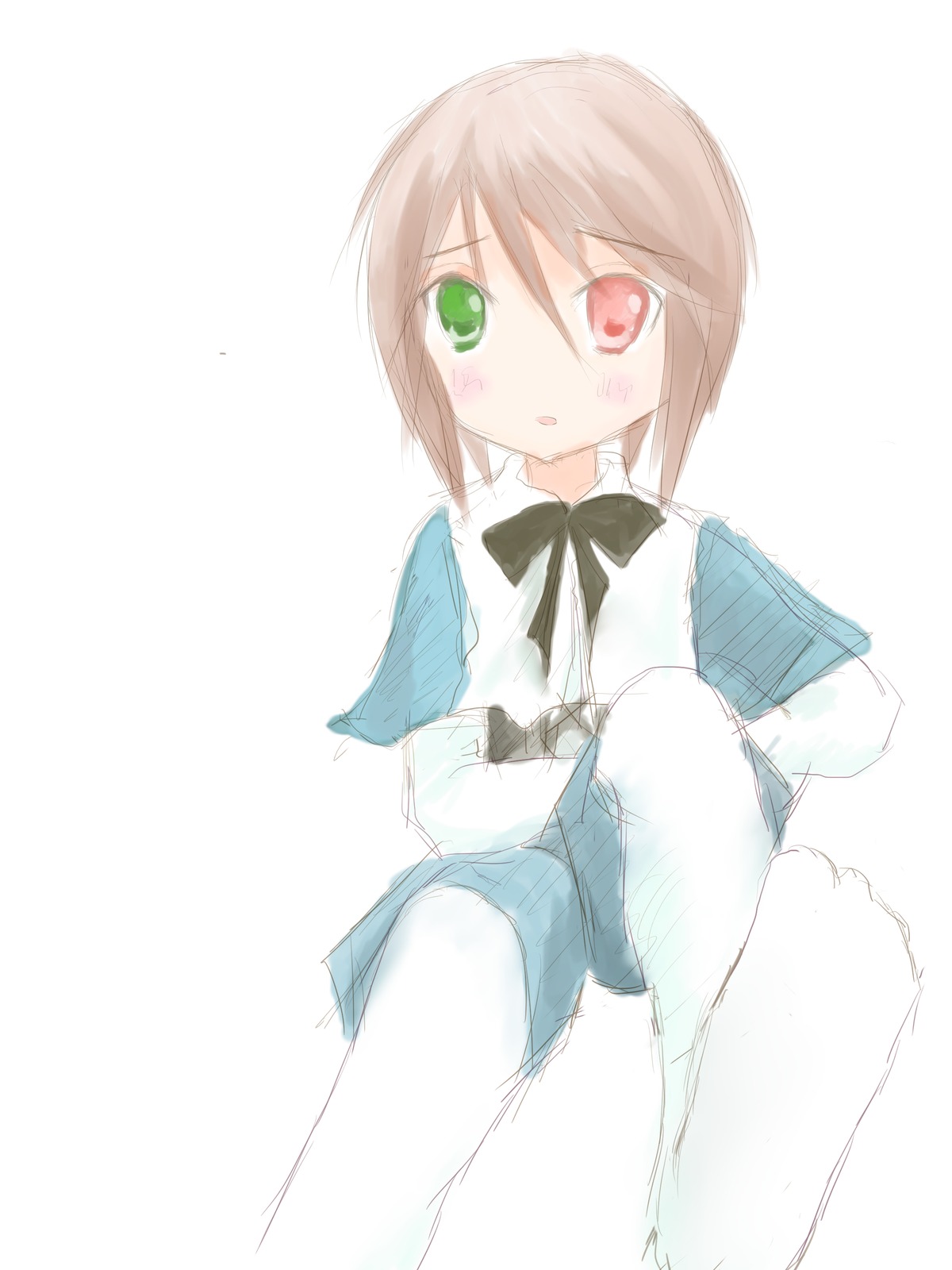 1girl animal auto_tagged bird blush bow bowtie brown_hair dress green_eyes heterochromia holding image long_sleeves red_eyes short_hair simple_background solo souseiseki striped white_background