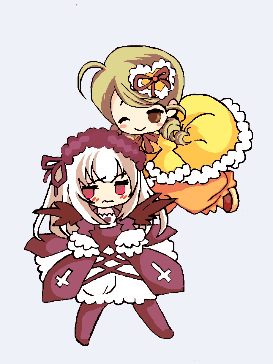 2girls blonde_hair chibi dress drill_hair hat image kanaria long_hair multiple_girls pair red_eyes ribbon striped suigintou white_hair wings