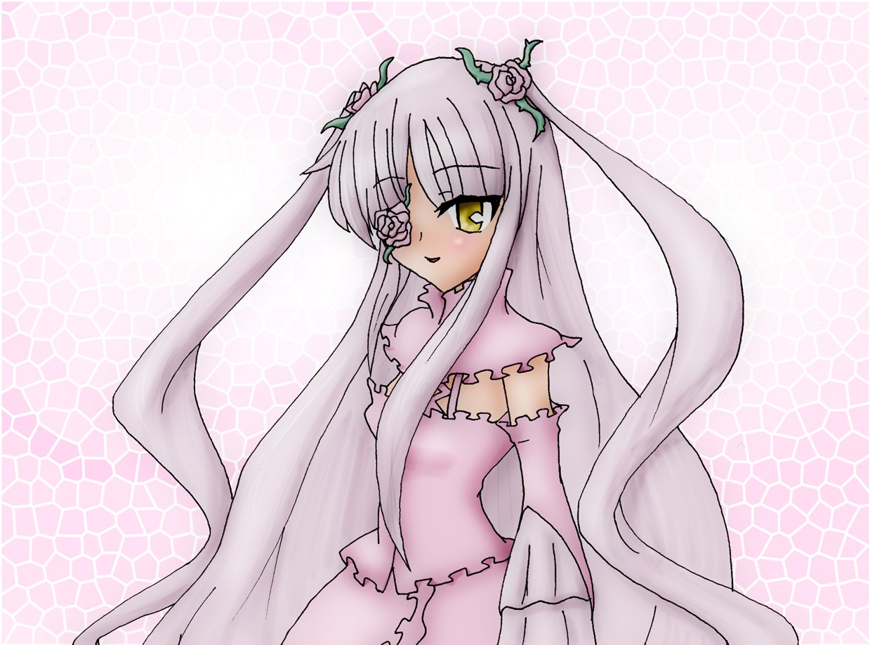 1girl argyle_background bangs chain-link_fence checkered_background dress eyepatch fence fishnets flower hair_flower hair_ornament halftone halftone_background hexagon honeycomb_(pattern) honeycomb_background image kirakishou long_hair long_sleeves looking_at_viewer plaid_background rose silver_hair smile solo tile_wall tiles very_long_hair yellow_eyes