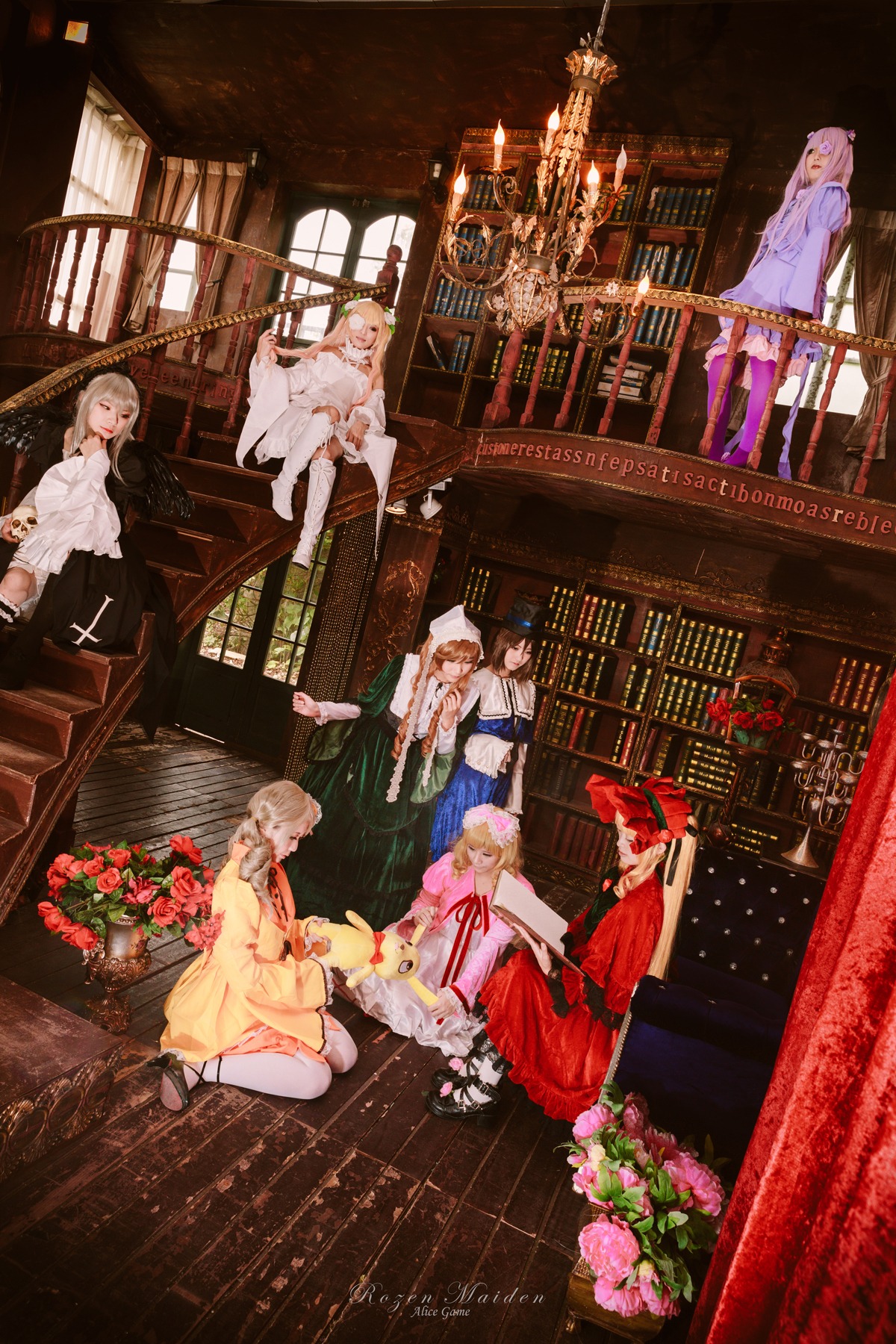 brown_hair flower hair_ornament japanese_clothes kimono lantern long_hair multiple_boys multiple_cosplay multiple_girls sitting standing tagme